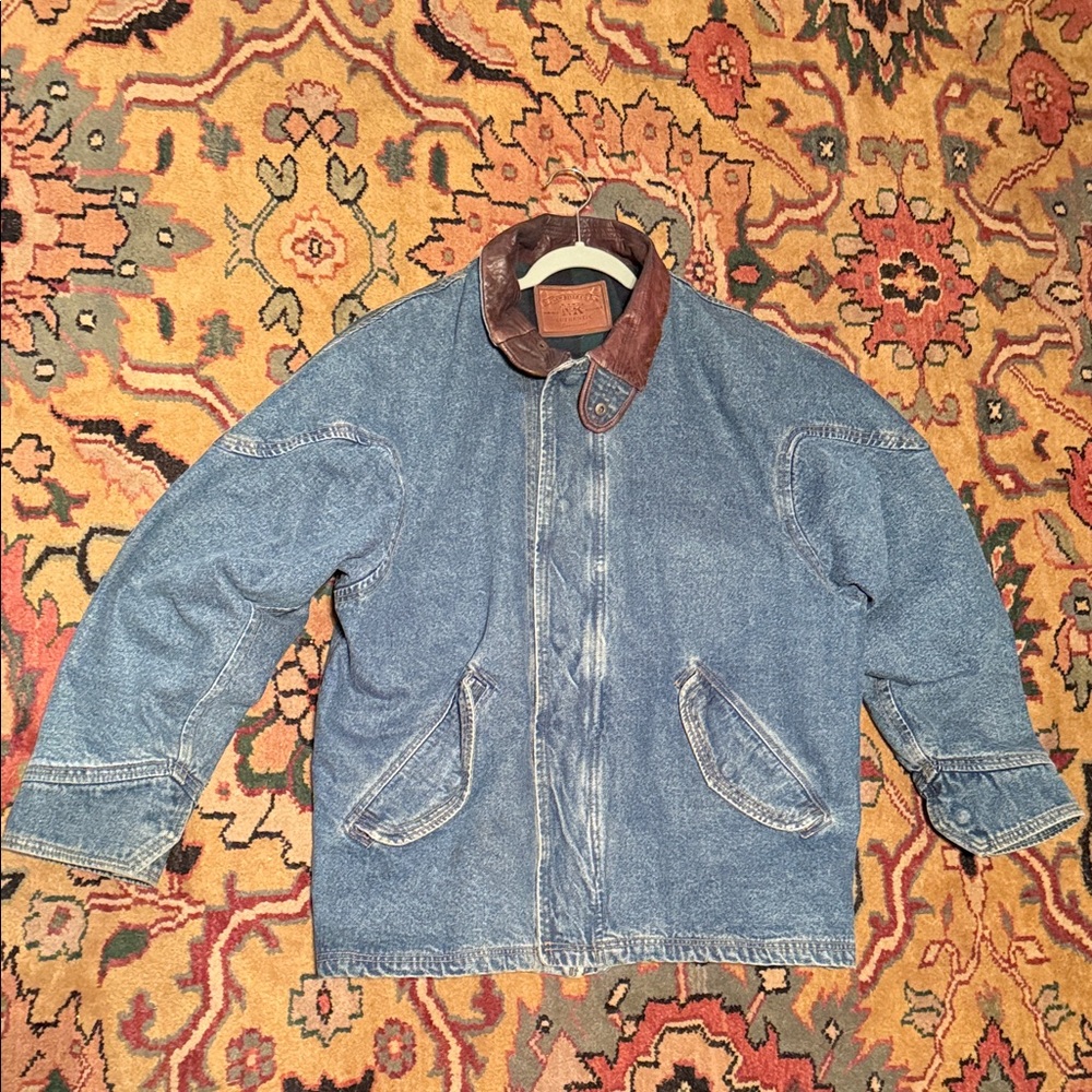 vintage Denim Jacket with Brown leather Collar